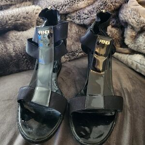 Fendi Black Patent Wedge Sandals